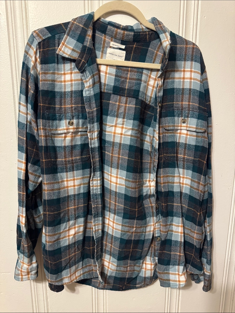 Casual Teal & White Plaid Flannel Shirt - American Eagle